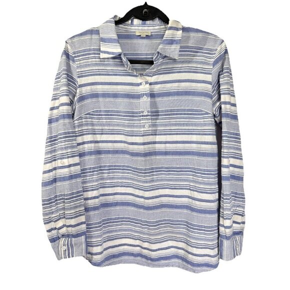Talbots Tops - Talbots Roll Tab Sleeve Top Womens Small Blue White Stripe Collared Cotton EUC
